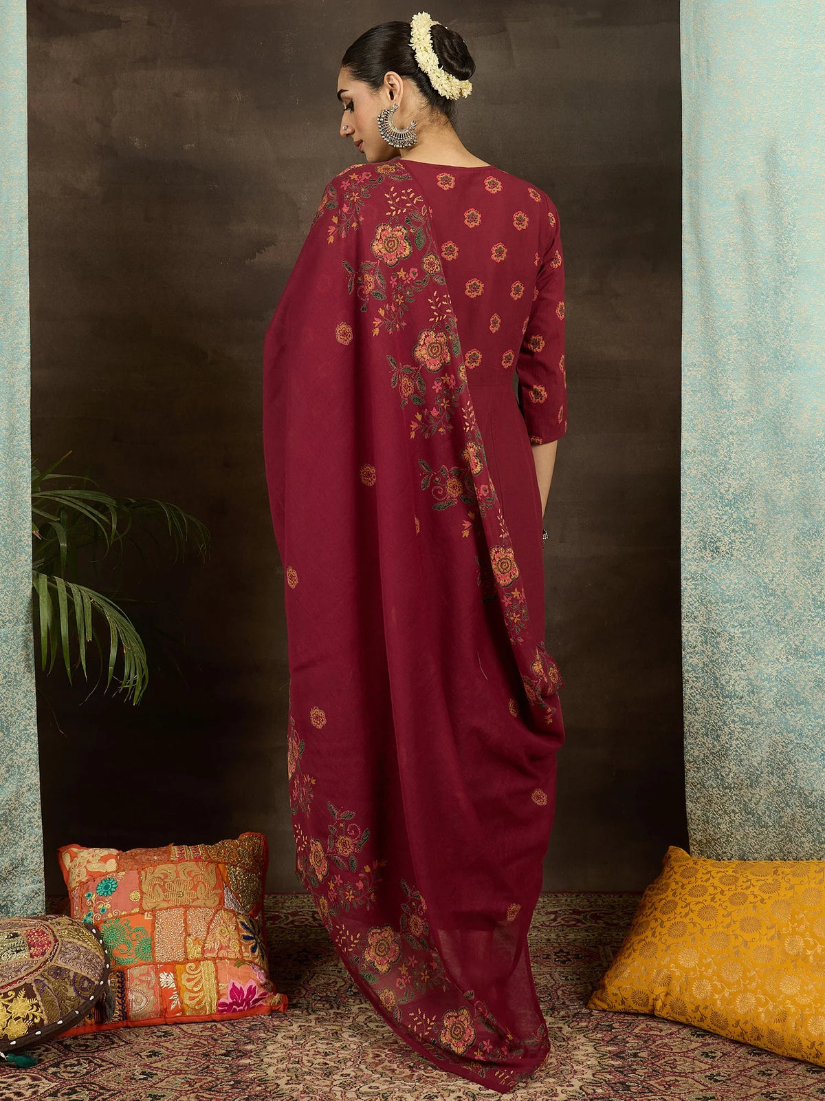 Rust Printed Pure Cotton Anarkali Suit Set With Dupatta