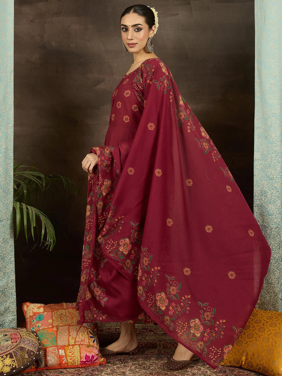 Rust Printed Pure Cotton Anarkali Suit Set With Dupatta