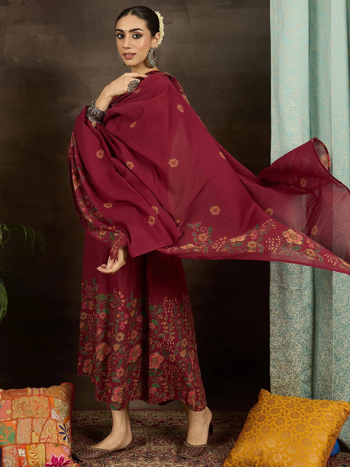 Rust Printed Pure Cotton Anarkali Suit Set With Dupatta