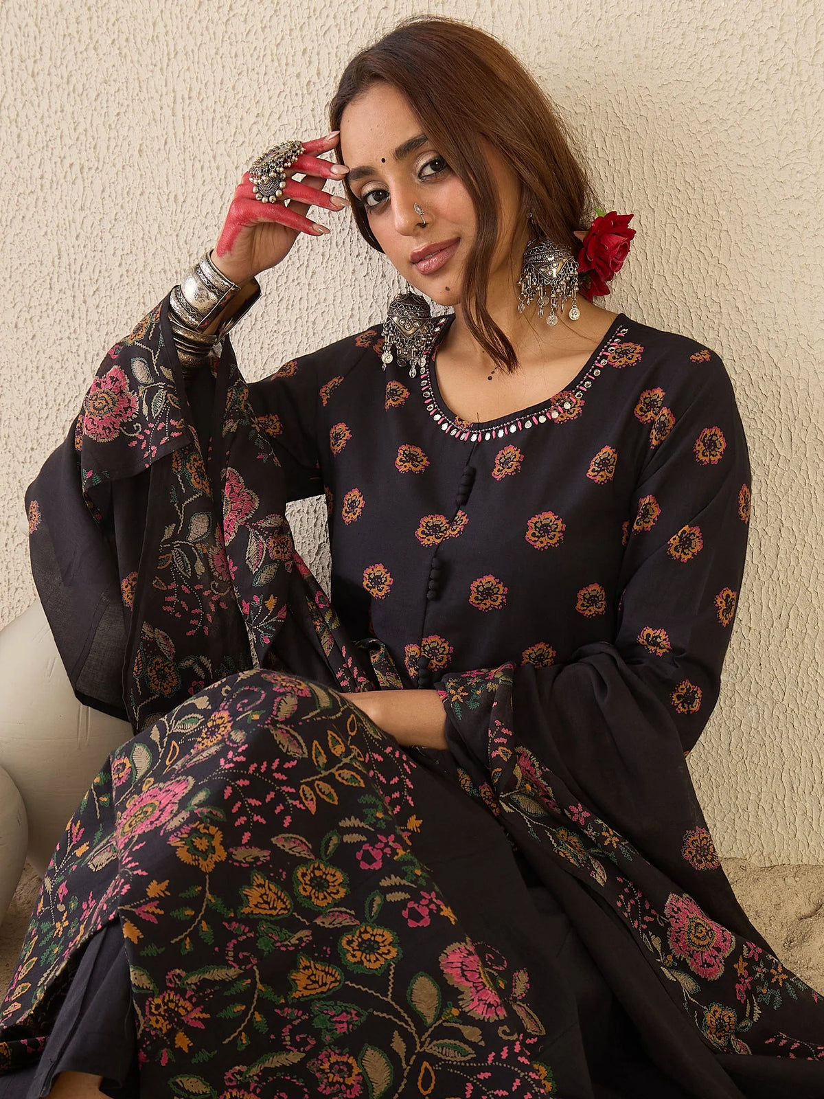 Black Printed Pure Cotton Anarkali Kurta Set With Dupatta