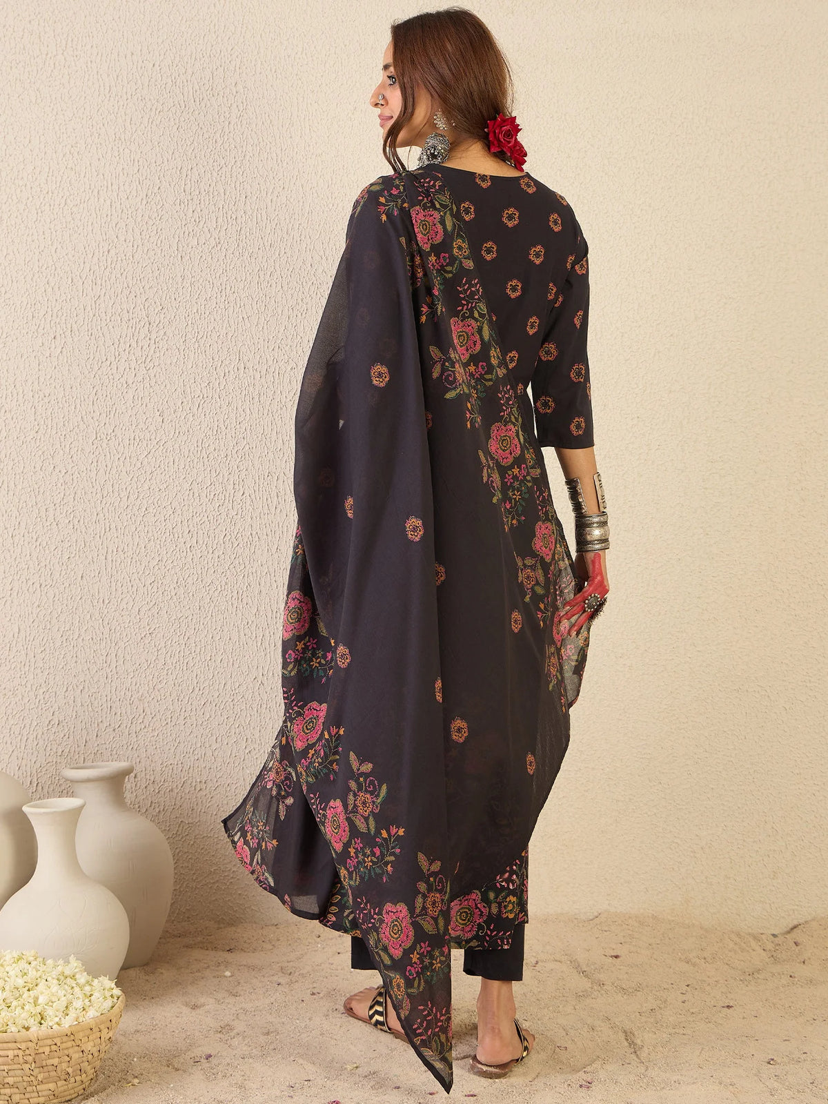 Black Printed Pure Cotton Anarkali Kurta Set With Dupatta