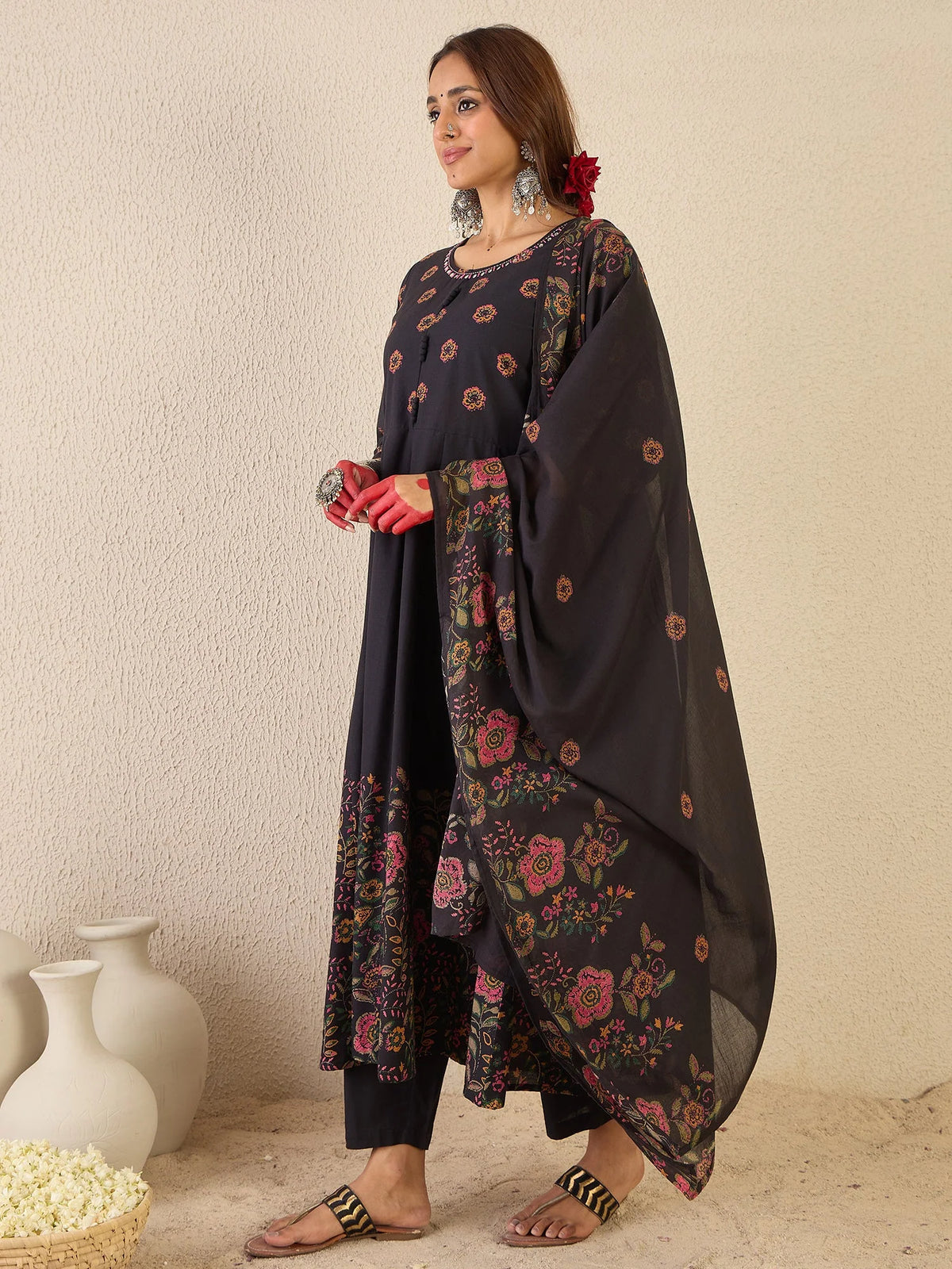 Black Printed Pure Cotton Anarkali Kurta Set With Dupatta
