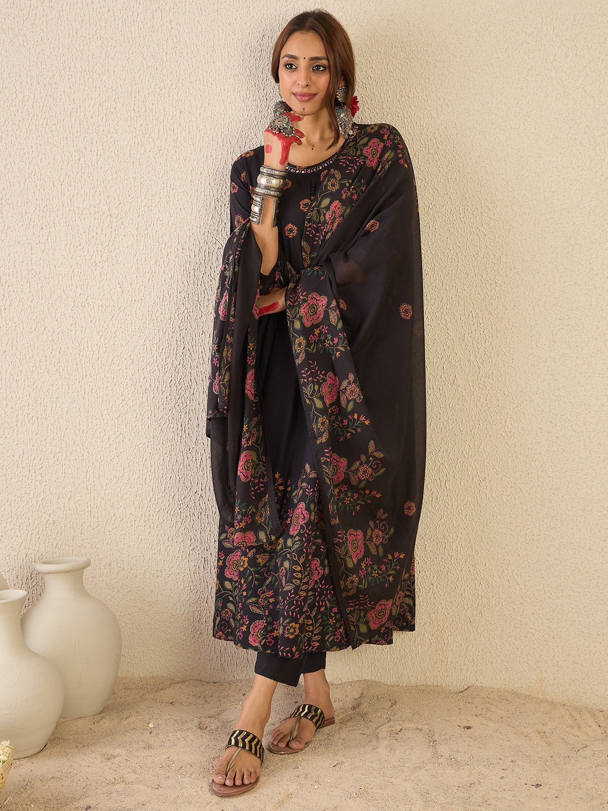 Black Printed Pure Cotton Anarkali Kurta Set With Dupatta