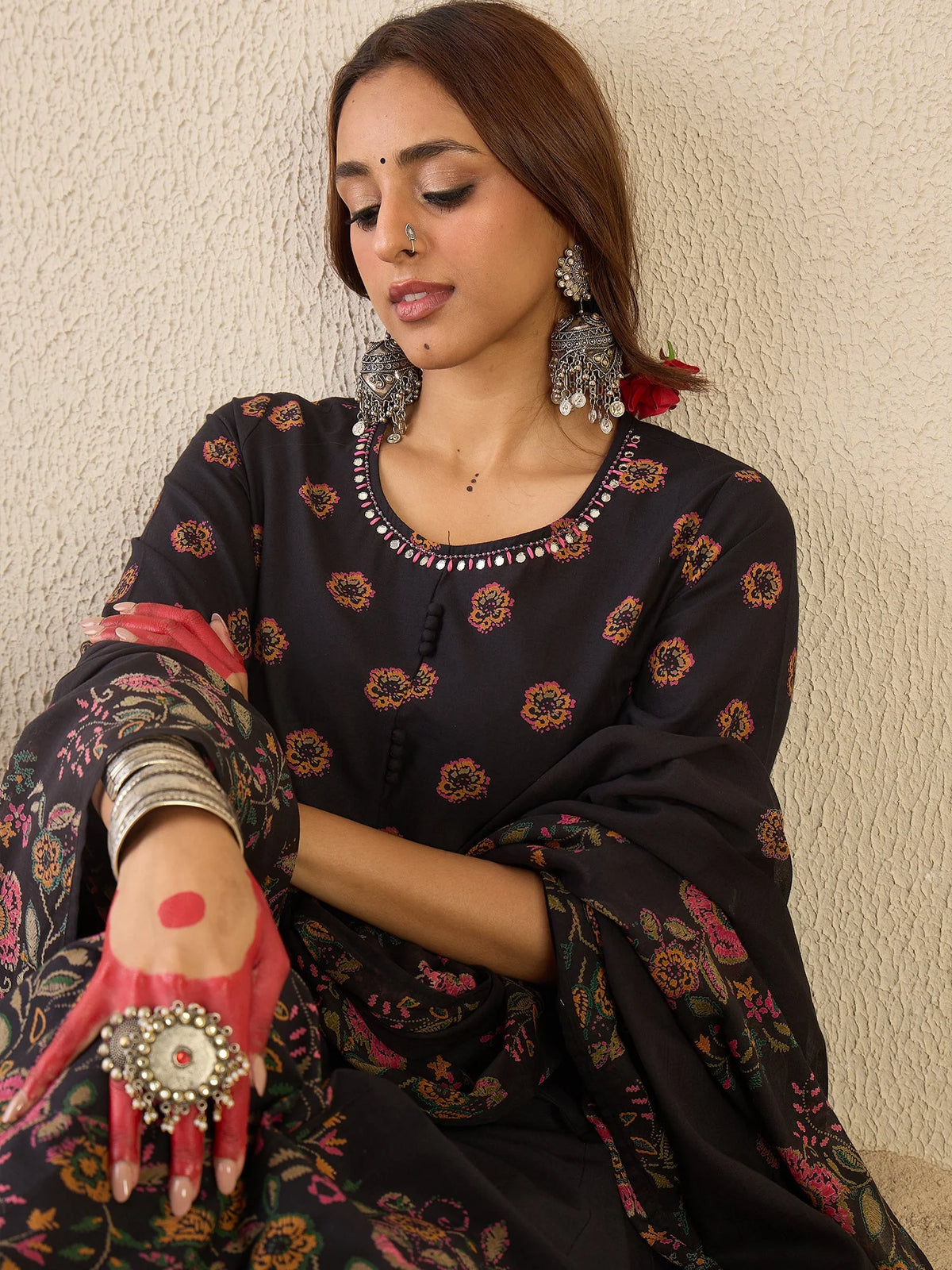 Black Printed Pure Cotton Anarkali Kurta Set With Dupatta