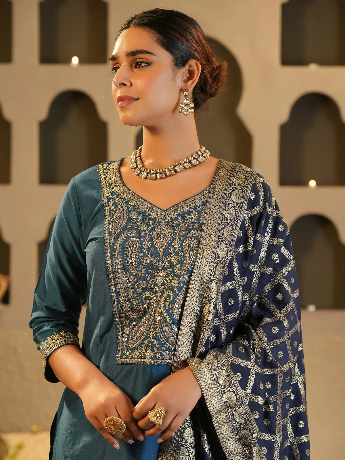 -68% Blue Embroidered Silk Blend Straight Kurta Sets With Dupatta