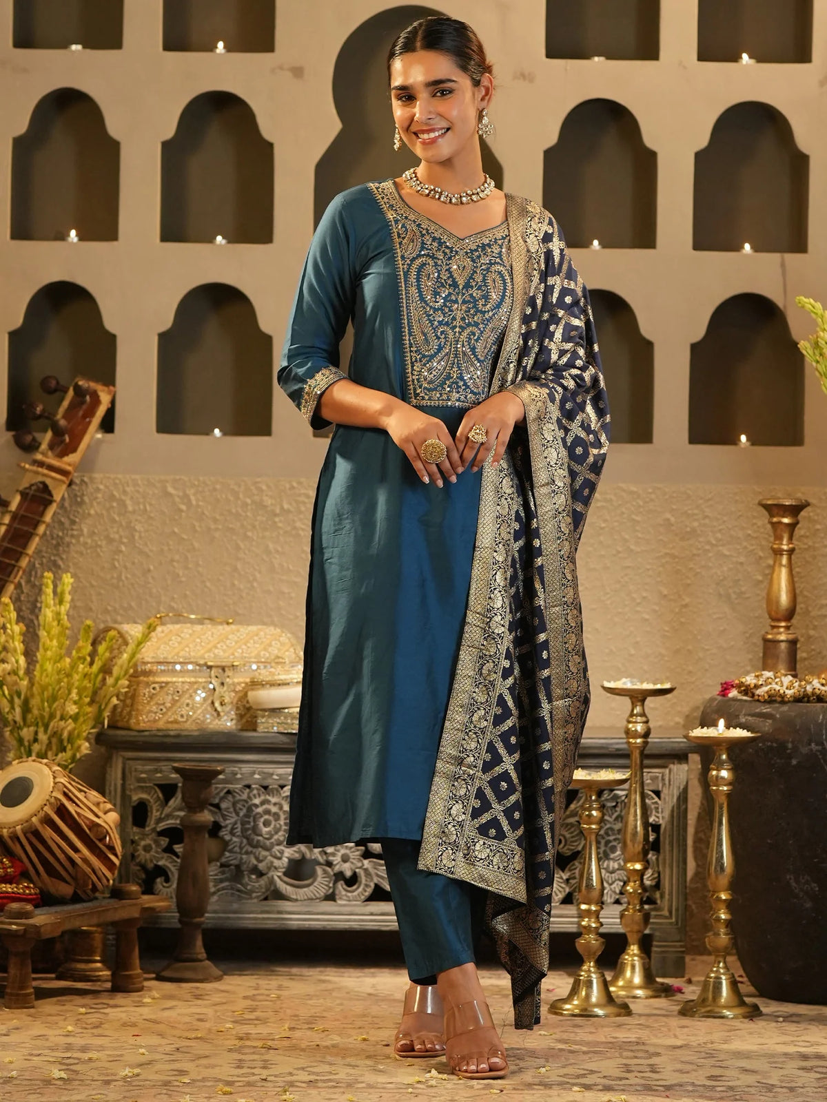 -68% Blue Embroidered Silk Blend Straight Kurta Sets With Dupatta