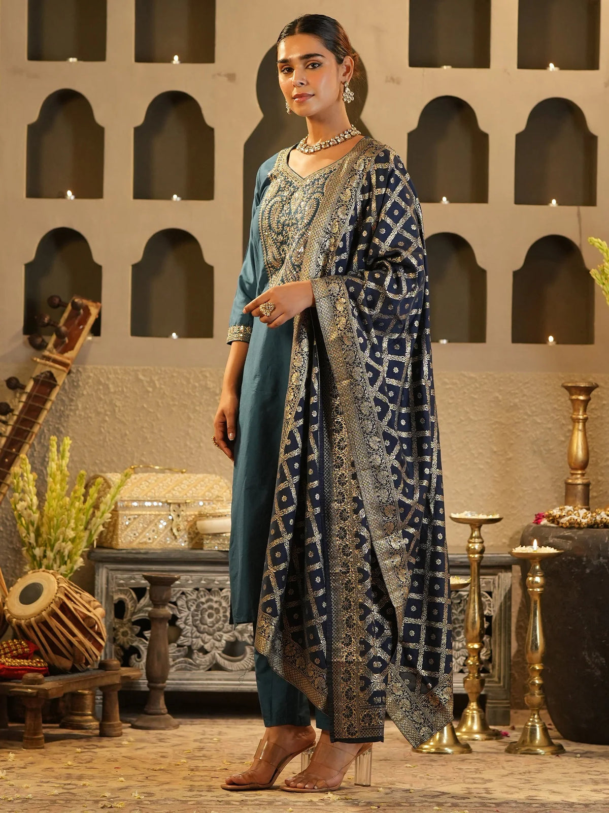 -68% Blue Embroidered Silk Blend Straight Kurta Sets With Dupatta