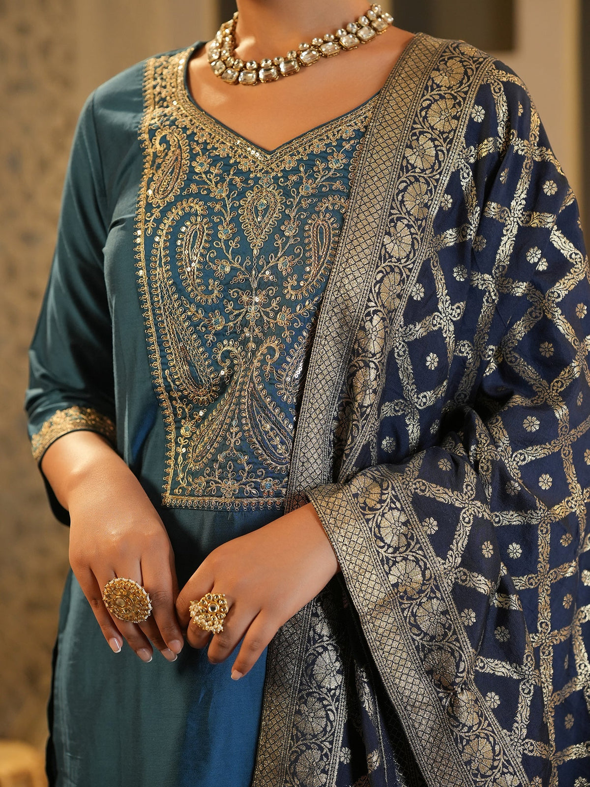 -68% Blue Embroidered Silk Blend Straight Kurta Sets With Dupatta