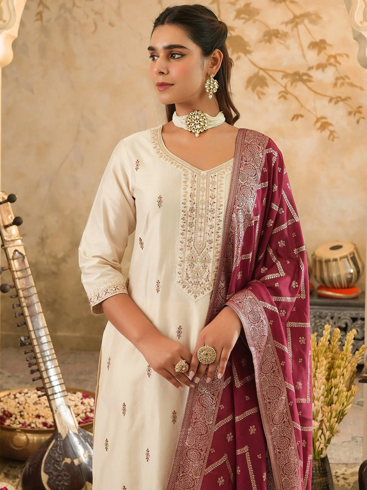 Off White Embroidered Silk Blend Straight Kurta Sets With Dupatta