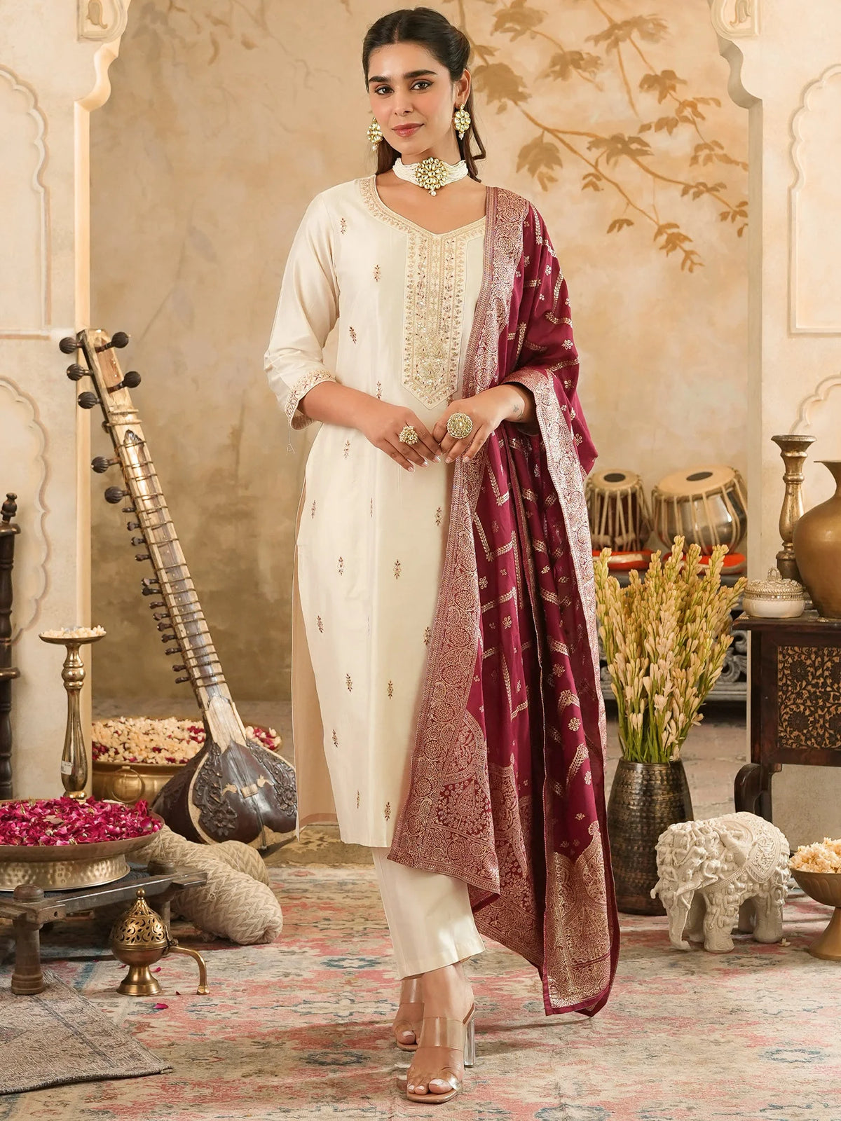 Off White Embroidered Silk Blend Straight Kurta Sets With Dupatta