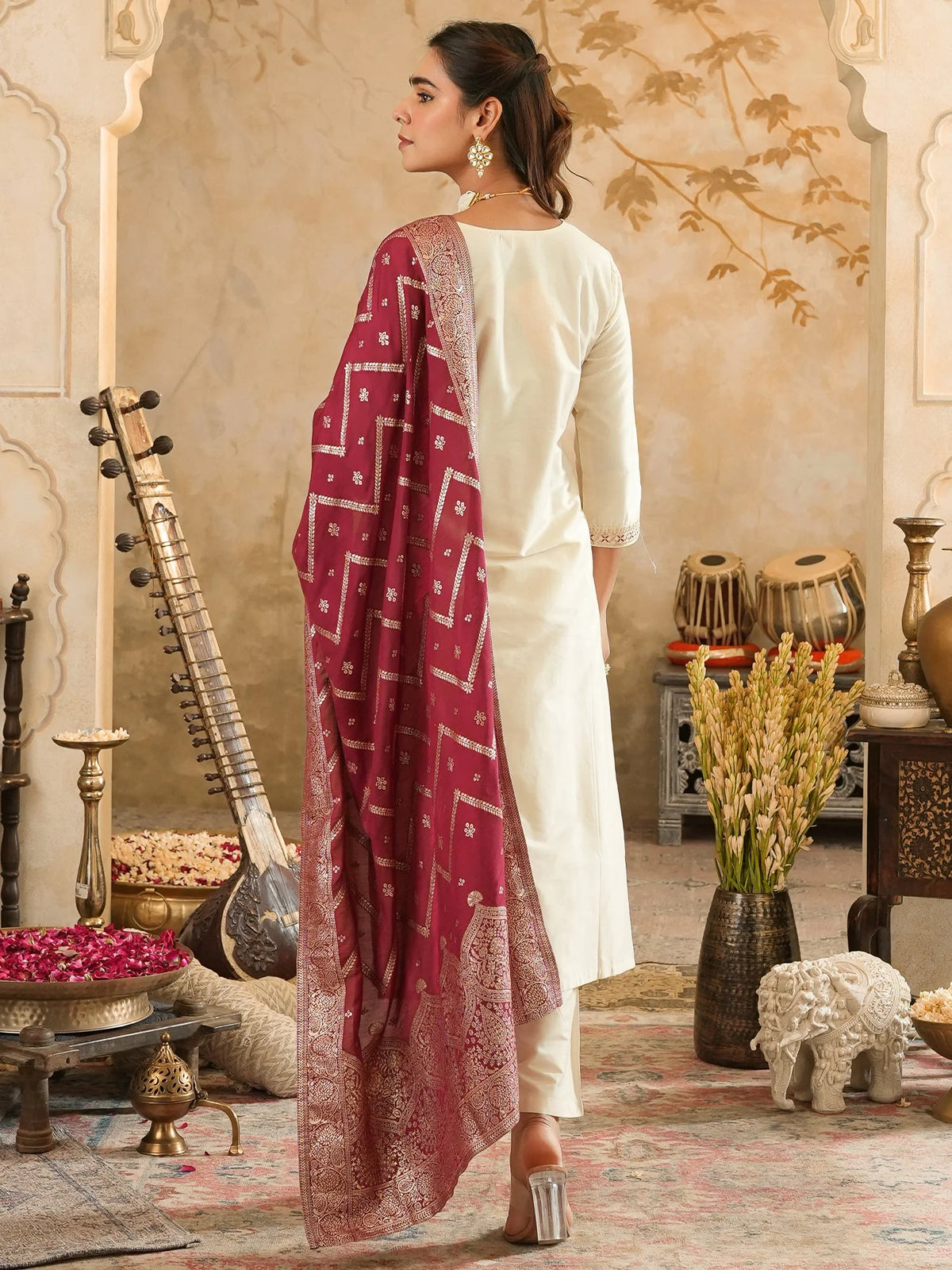 Off White Embroidered Silk Blend Straight Kurta Sets With Dupatta