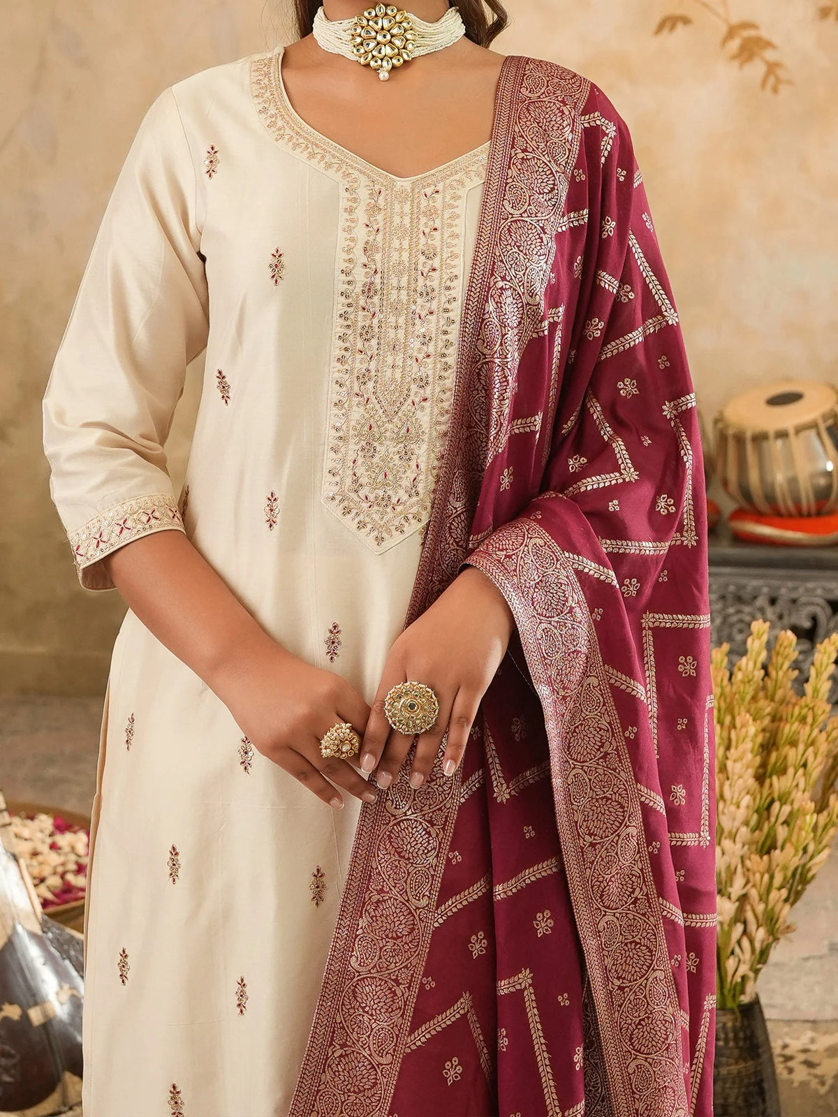 Off White Embroidered Silk Blend Straight Kurta Sets With Dupatta