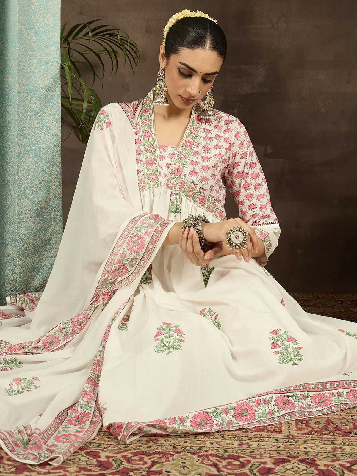 White Printed Pure Cotton A-Line Suit Set With Dupatta