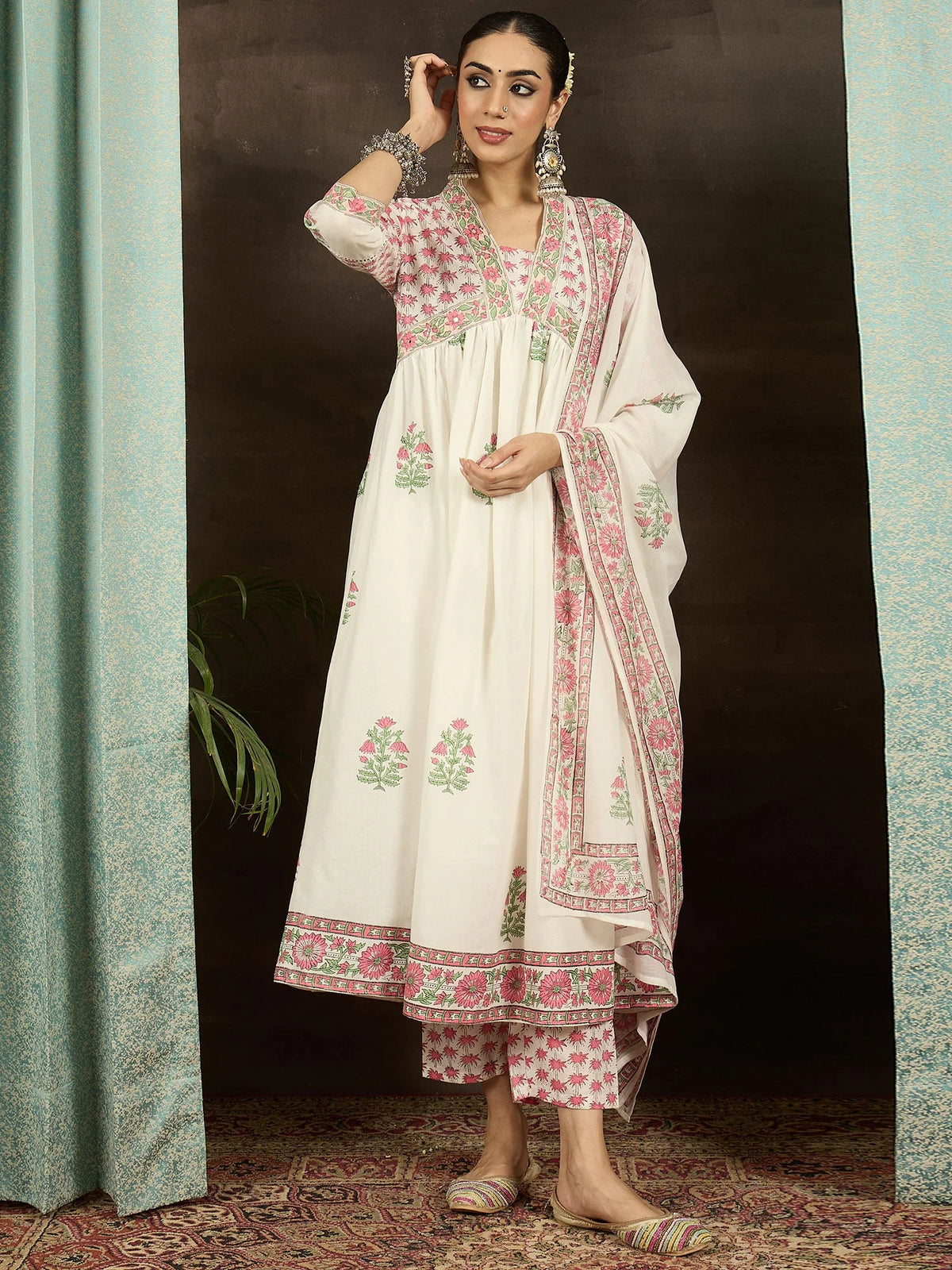 White Printed Pure Cotton A-Line Suit Set With Dupatta