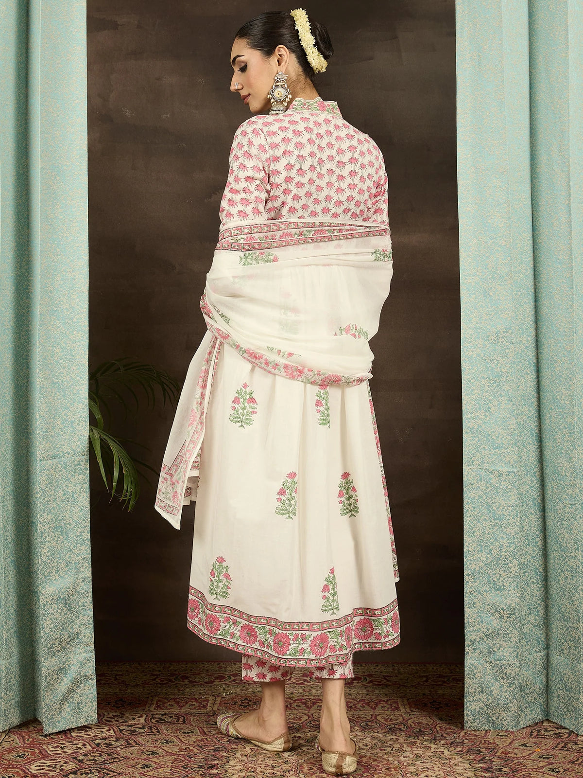 White Printed Pure Cotton A-Line Suit Set With Dupatta