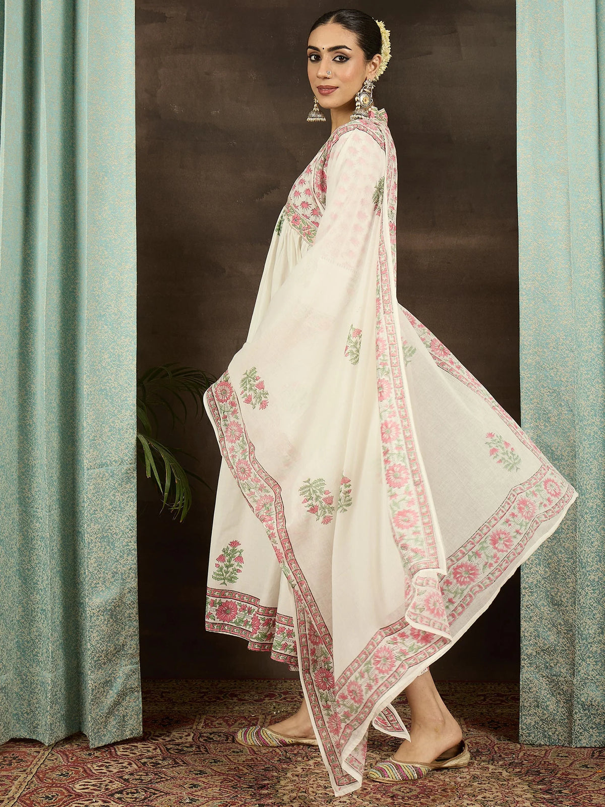 White Printed Pure Cotton A-Line Suit Set With Dupatta