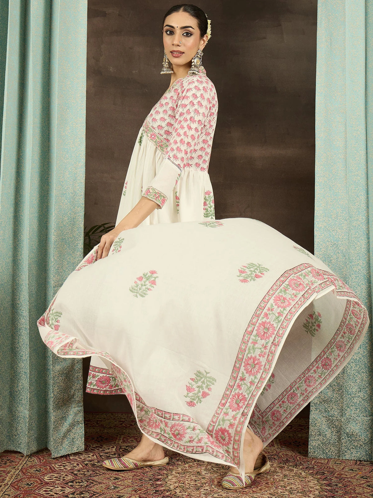White Printed Pure Cotton A-Line Suit Set With Dupatta