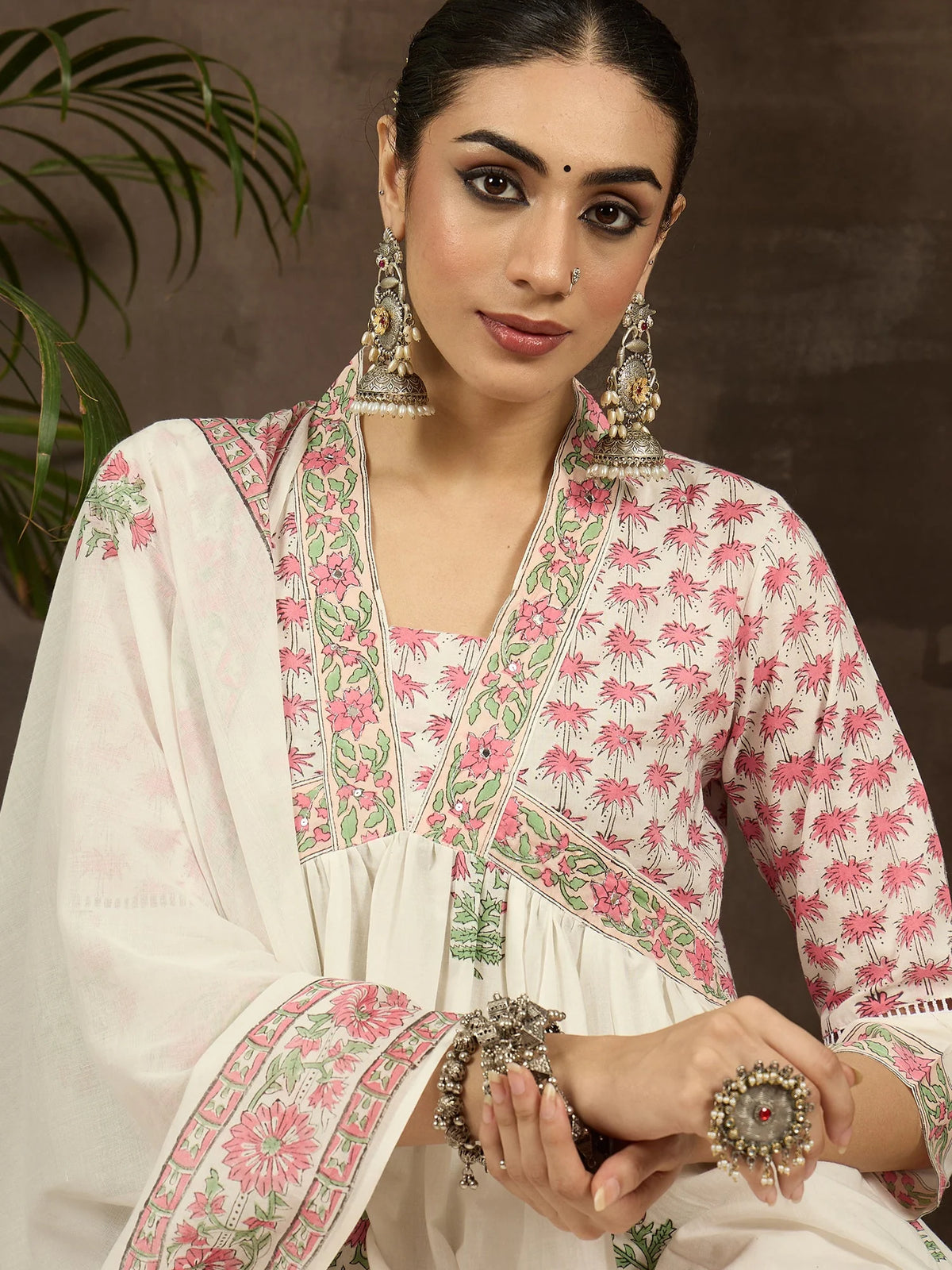 White Printed Pure Cotton A-Line Suit Set With Dupatta