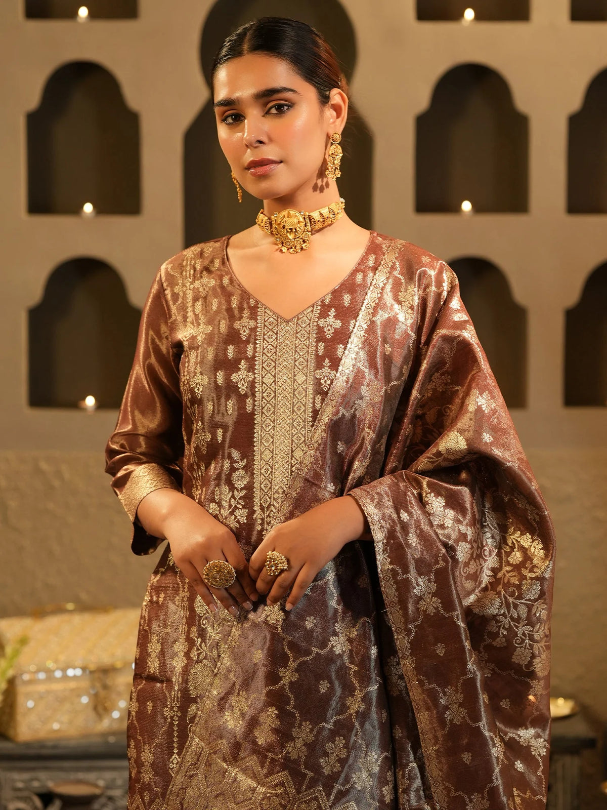 Brown Woven Design Silk Blend Straight Kurta Sets With Dupatta