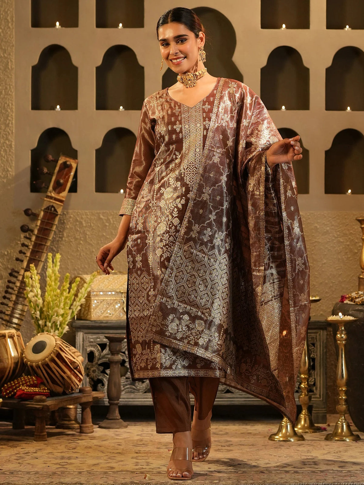 Brown Woven Design Silk Blend Straight Kurta Sets With Dupatta