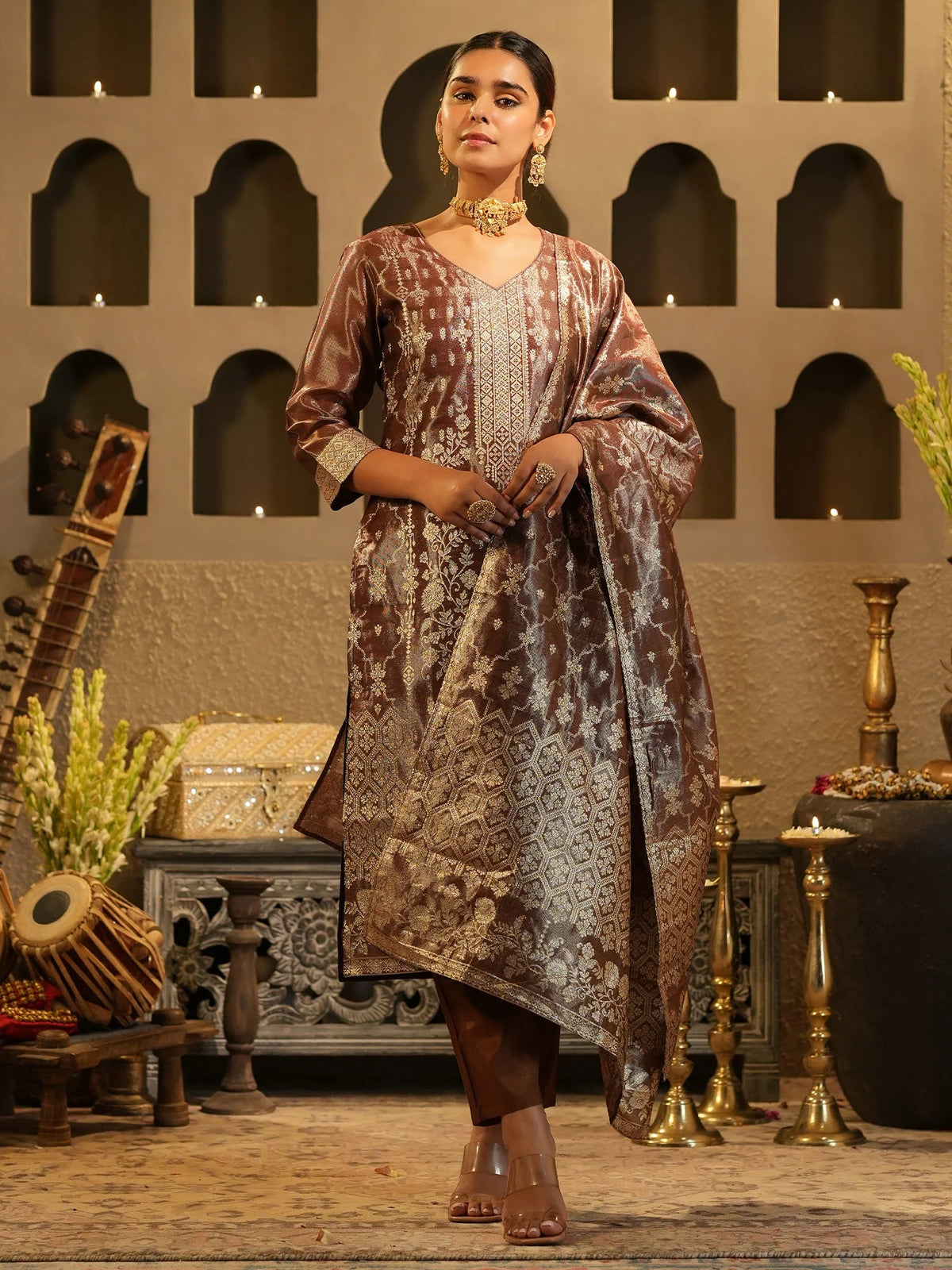 Brown Woven Design Silk Blend Straight Kurta Sets With Dupatta