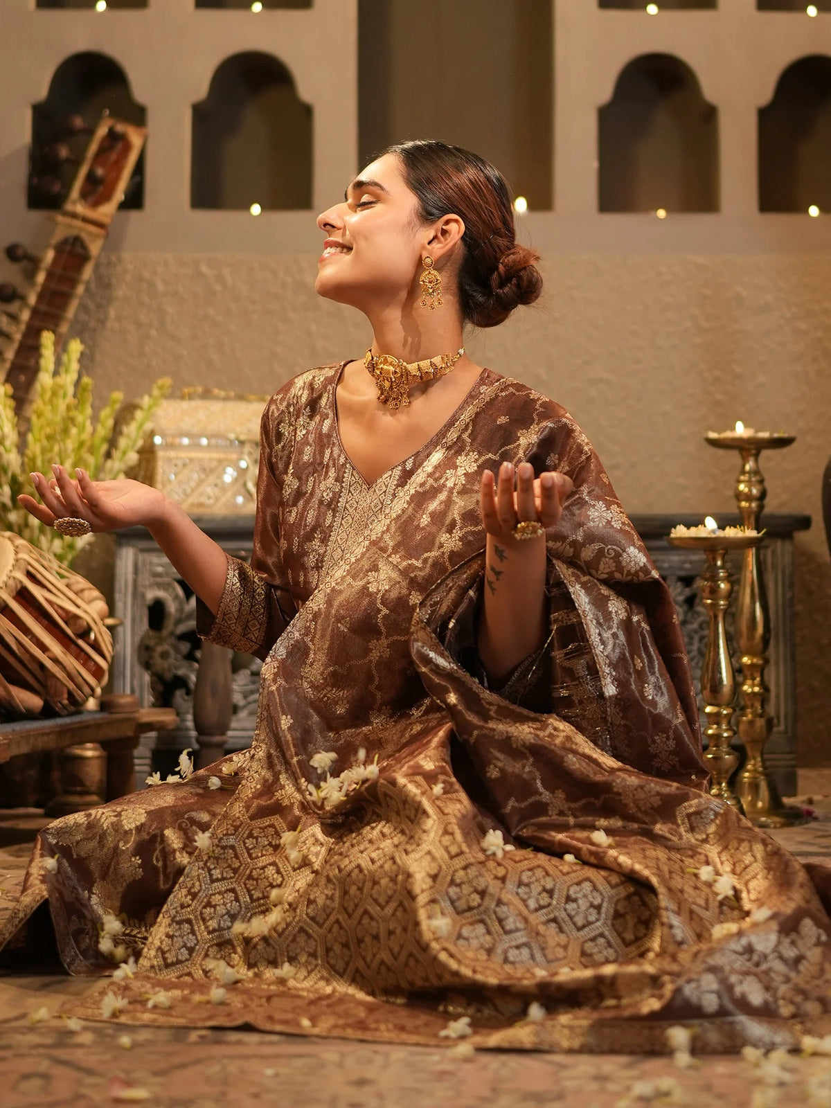 Brown Woven Design Silk Blend Straight Kurta Sets With Dupatta