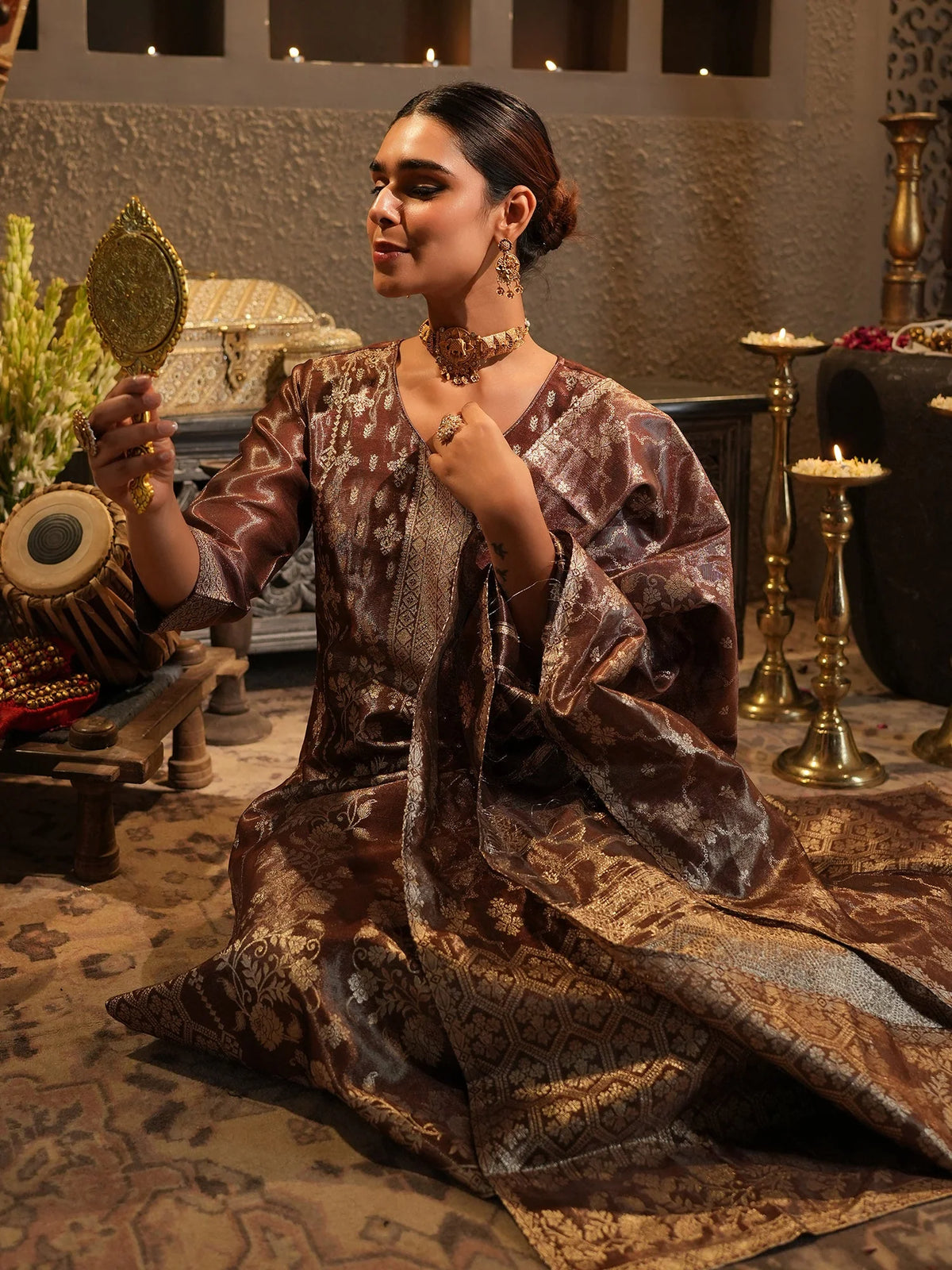 Brown Woven Design Silk Blend Straight Kurta Sets With Dupatta