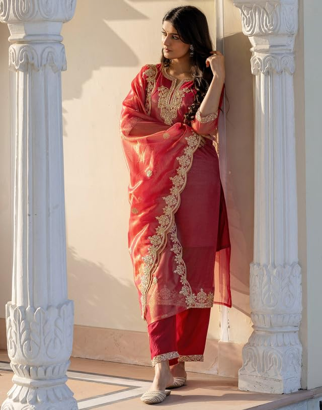 Rani pink shimmer net kurta set with sequins – Indian festive outfit for women