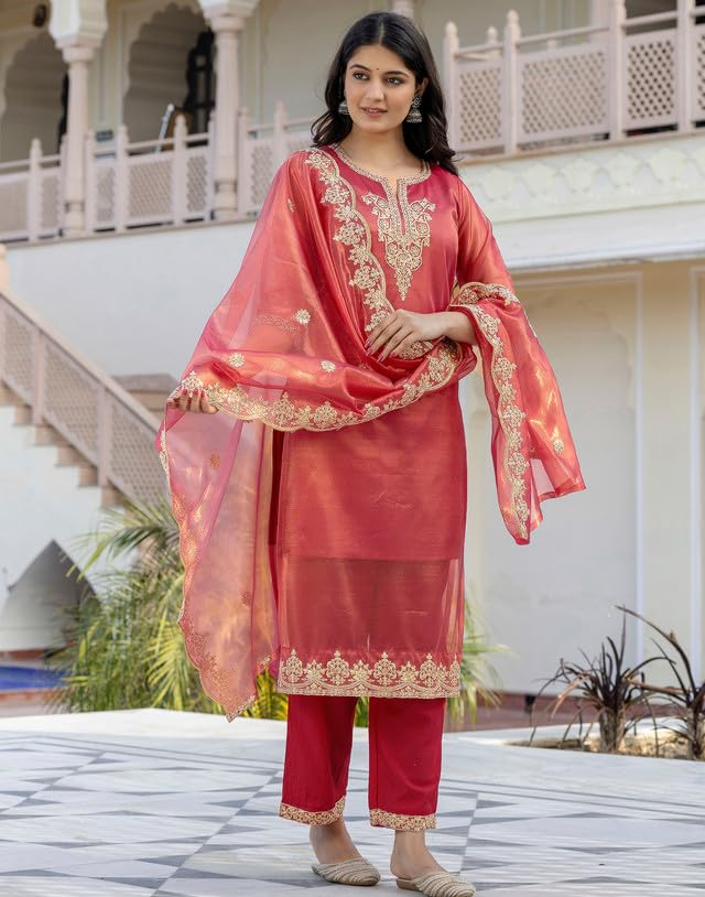 Rani pink shimmer net kurta set with sequins – Indian festive outfit for women