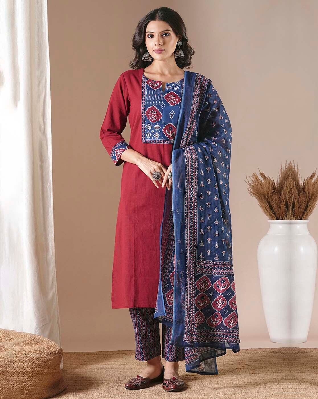 "Maroon cotton slub kurta set with block-printed kota dupatta – handcrafted Indian ethnic wear for women in Canada"
