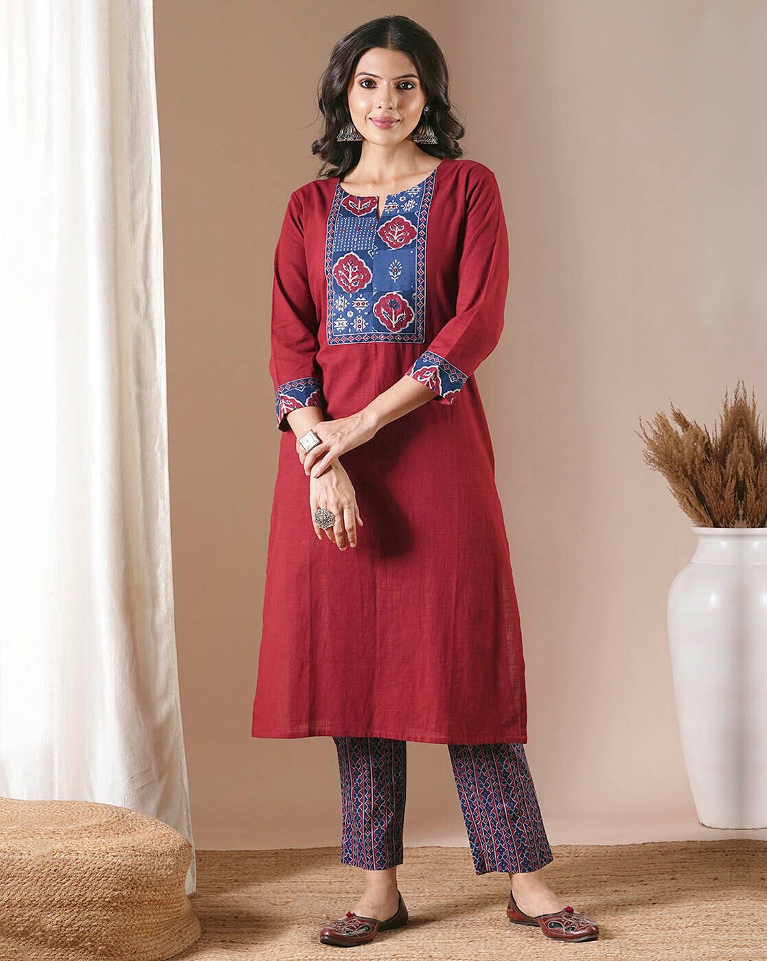"Maroon cotton slub kurta set with block-printed kota dupatta – handcrafted Indian ethnic wear for women in Canada"