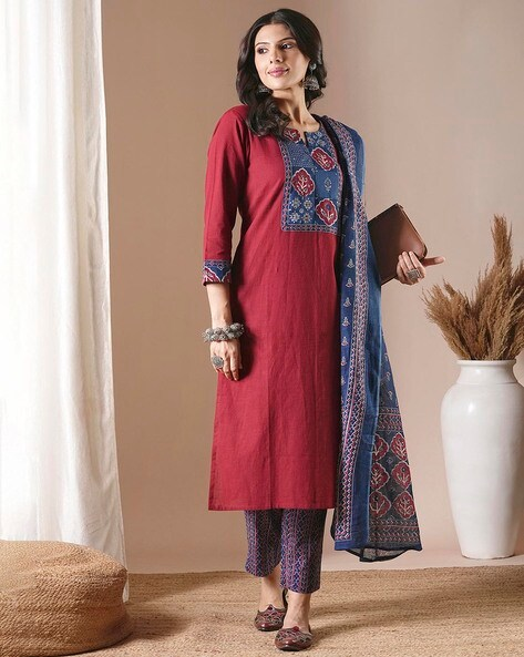 "Maroon cotton slub kurta set with block-printed kota dupatta – handcrafted Indian ethnic wear for women in Canada"