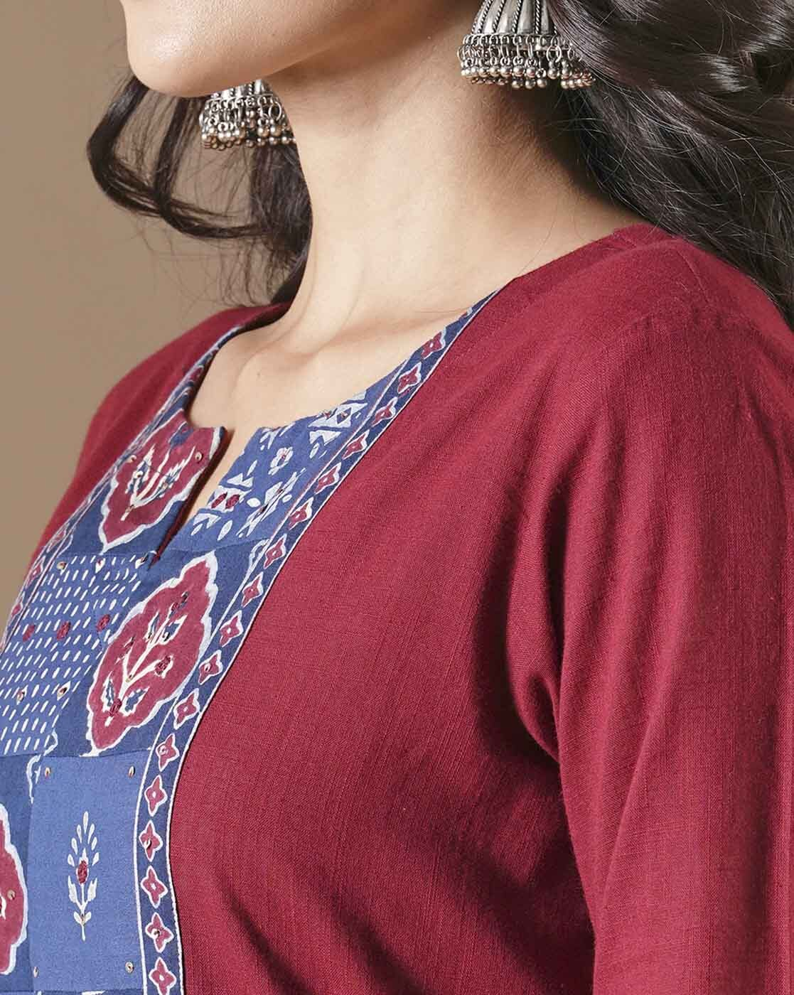 "Maroon cotton slub kurta set with block-printed kota dupatta – handcrafted Indian ethnic wear for women in Canada"