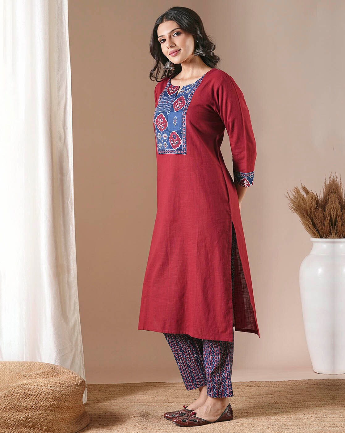 "Maroon cotton slub kurta set with block-printed kota dupatta – handcrafted Indian ethnic wear for women in Canada"