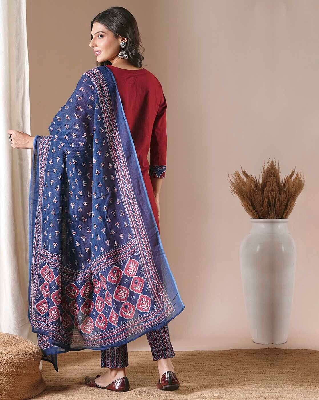 "Maroon cotton slub kurta set with block-printed kota dupatta – handcrafted Indian ethnic wear for women in Canada"