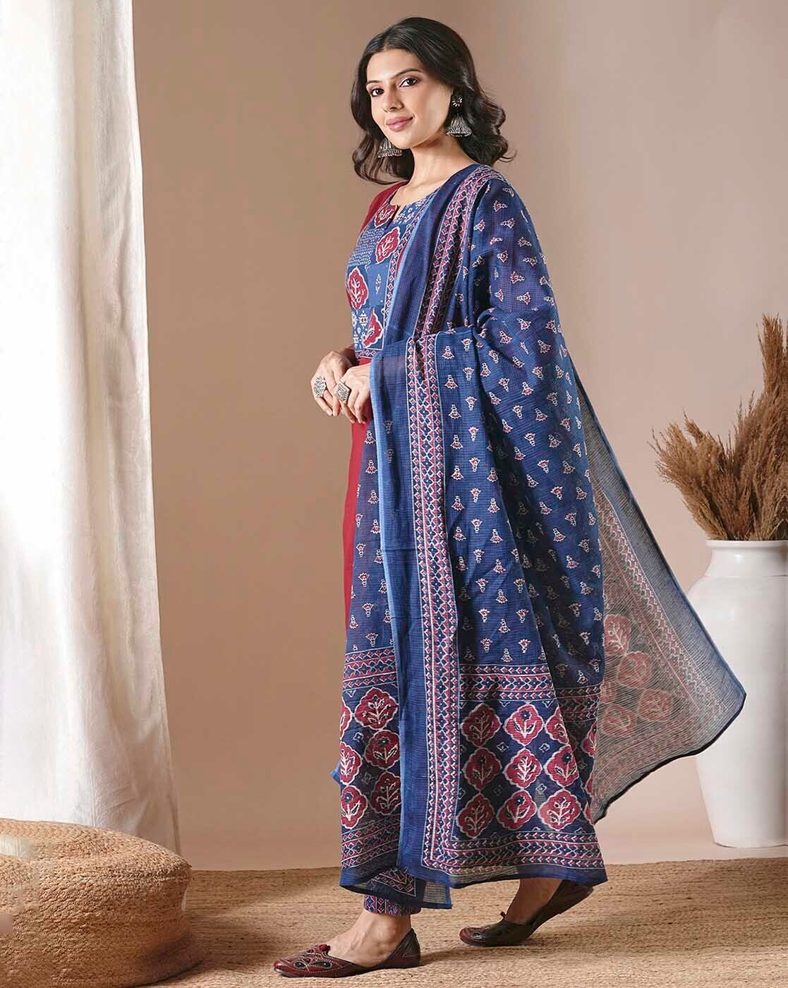 "Maroon cotton slub kurta set with block-printed kota dupatta – handcrafted Indian ethnic wear for women in Canada"