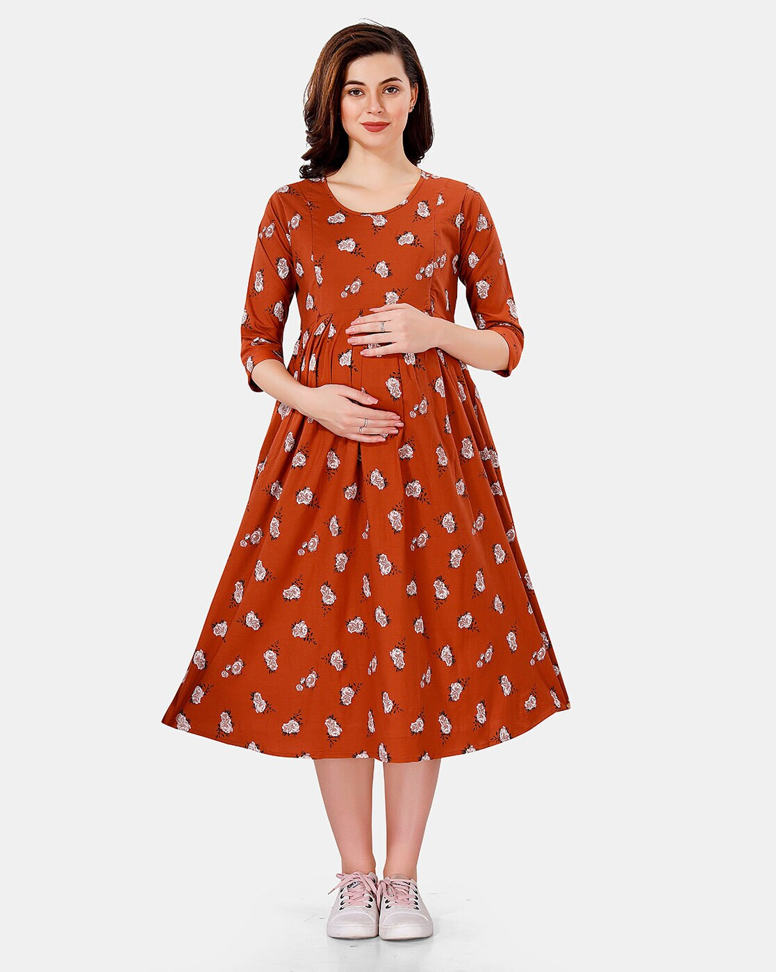 "Rayon maternity A-line dress with feeding zippers and round neck"