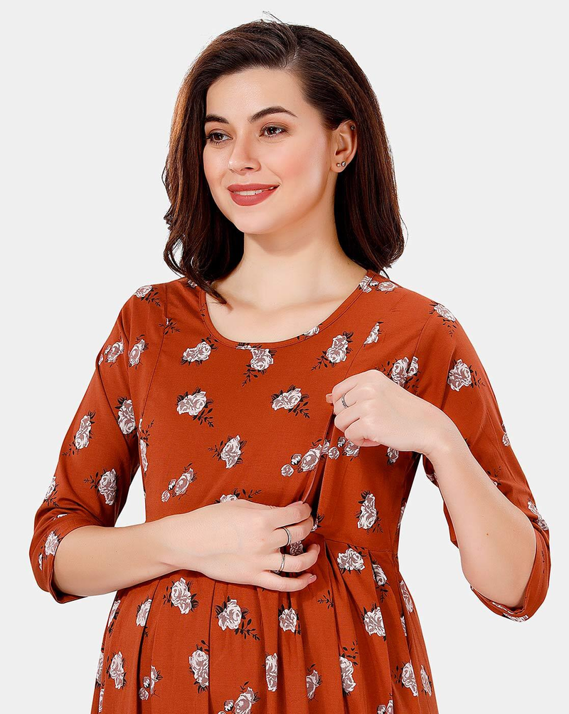 "Rayon maternity A-line dress with feeding zippers and round neck"
