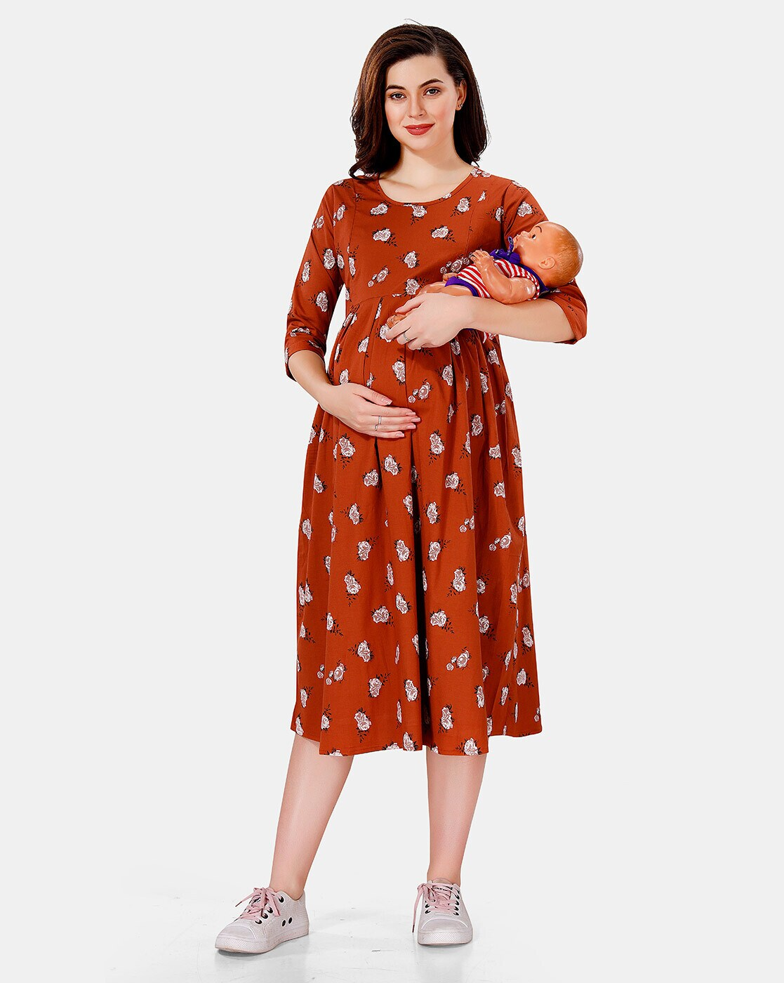 "Rayon maternity A-line dress with feeding zippers and round neck"
