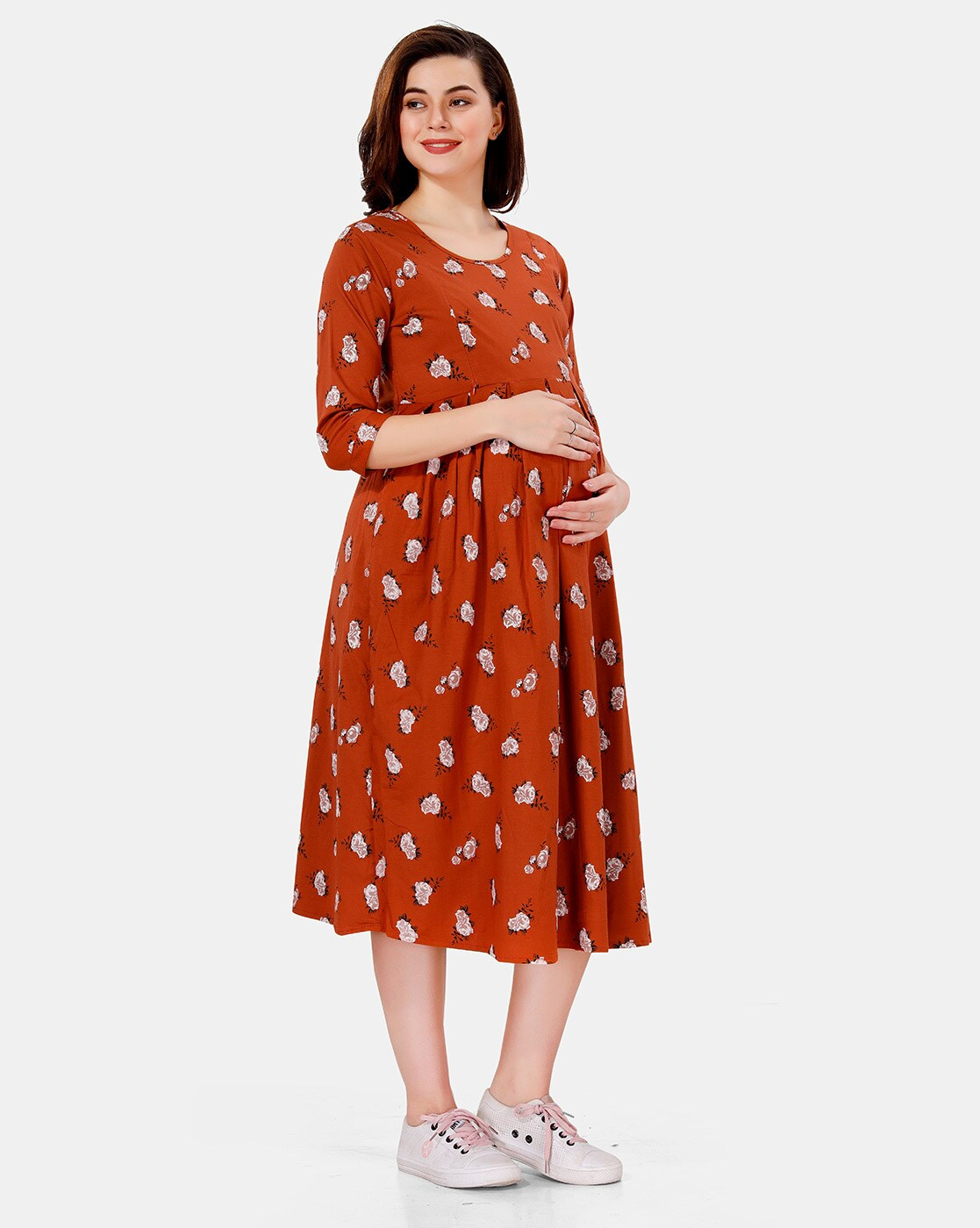 "Rayon maternity A-line dress with feeding zippers and round neck"