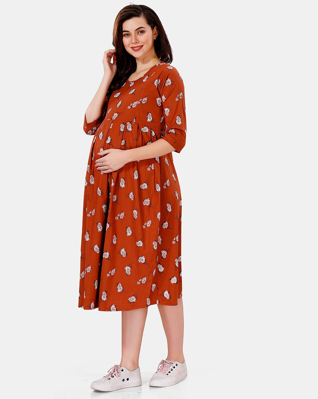 "Rayon maternity A-line dress with feeding zippers and round neck"