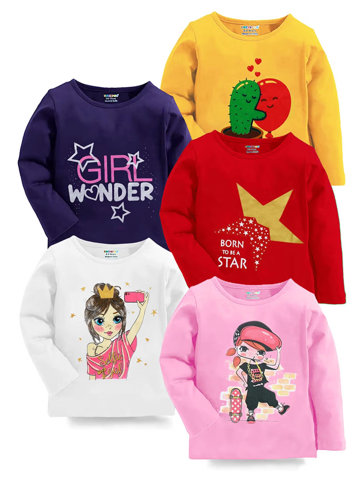 Girls full sleeve cotton blend t-shirts with graphic print