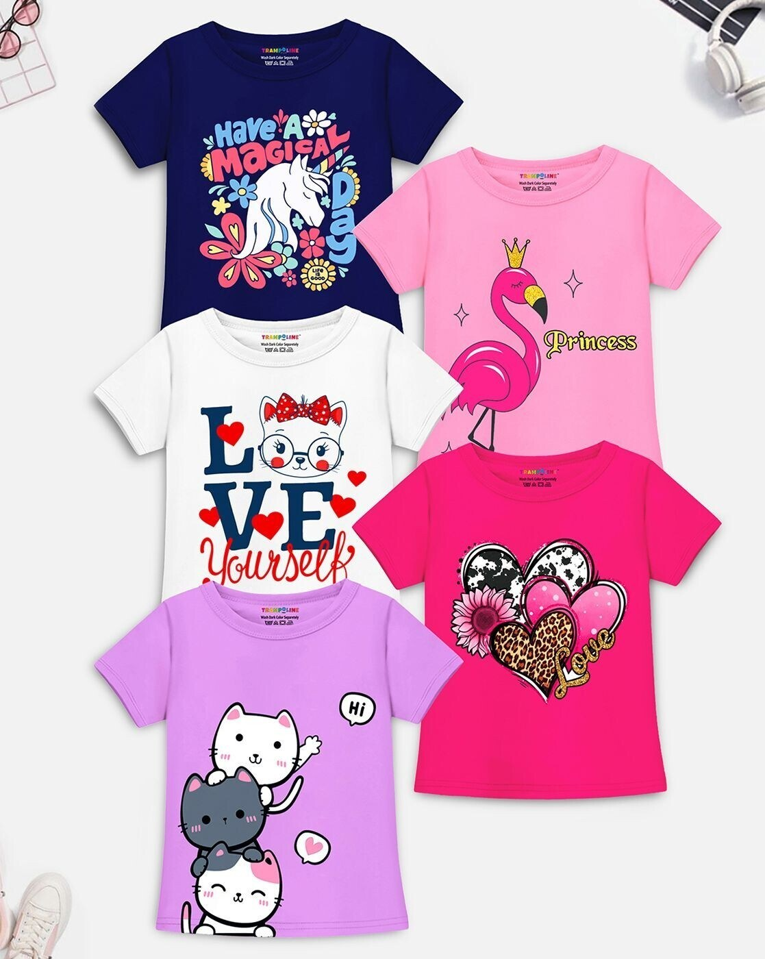 Girls Cotton T-Shirts Pack of 5 – Round Neck