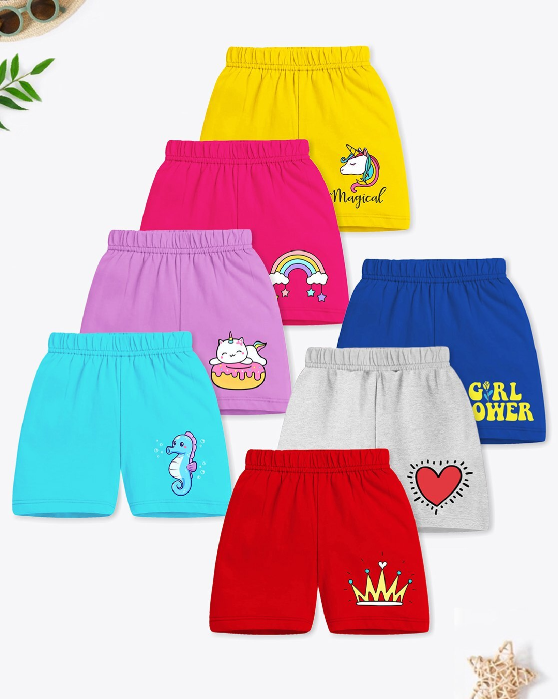 "Pack of 7 girls’ regular fit cotton shorts with elastic waistband – mid-rise, flat front, breathable fabric"
