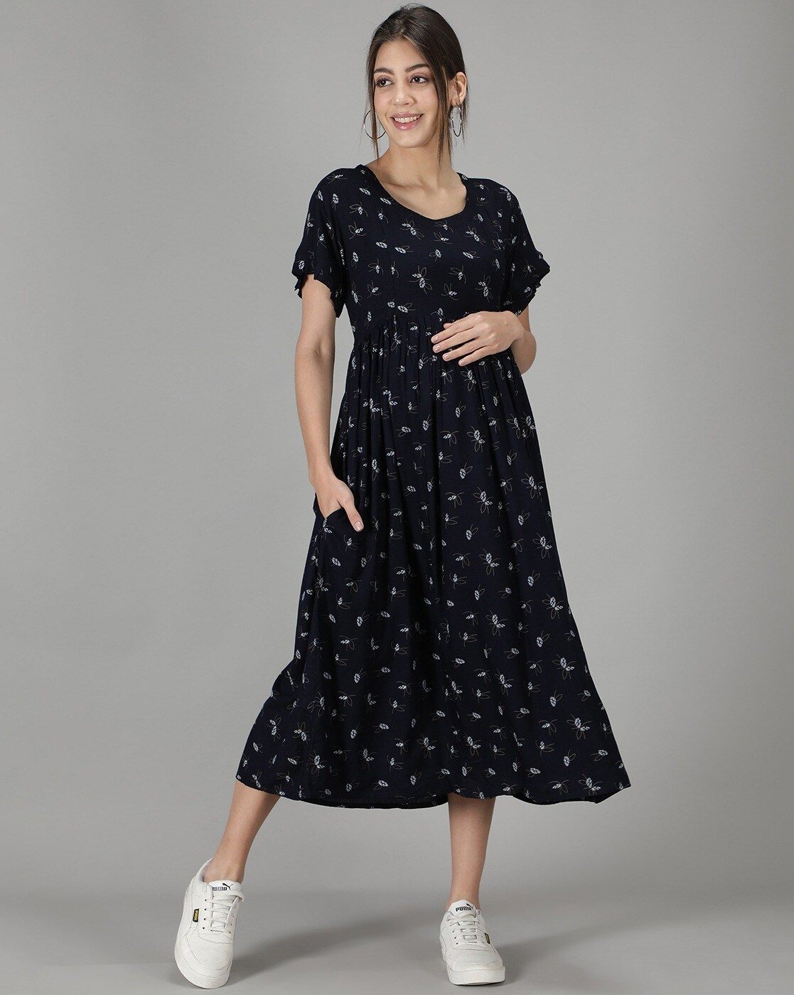 "Printed fit and flare dress for women with round neck – Indian fashion"