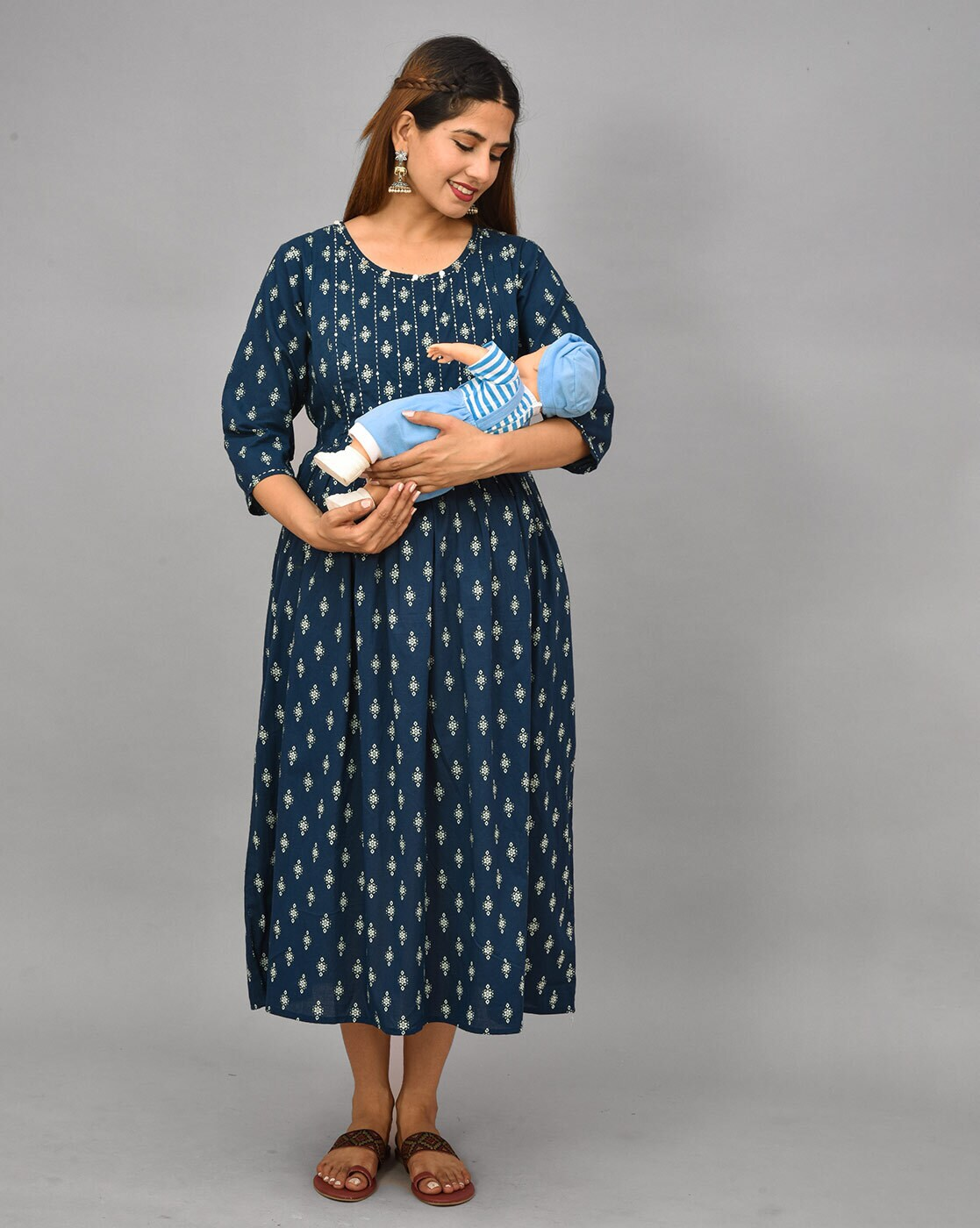 "Striped cotton maternity gown dress with concealed feeding zippers – round neck nursing wear"