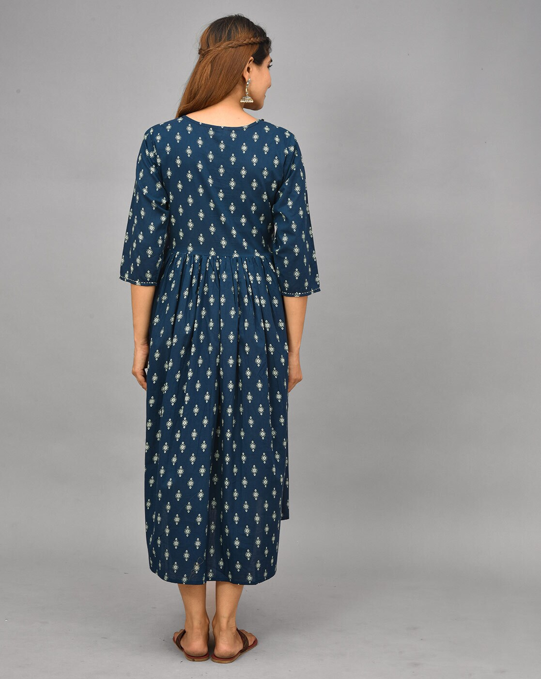 "Striped cotton maternity gown dress with concealed feeding zippers – round neck nursing wear"