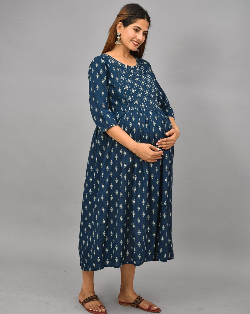"Striped cotton maternity gown dress with concealed feeding zippers – round neck nursing wear"