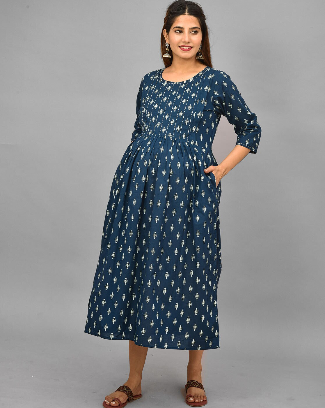 "Striped cotton maternity gown dress with concealed feeding zippers – round neck nursing wear"