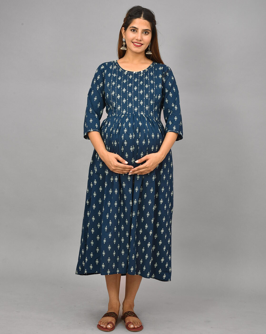 "Striped cotton maternity gown dress with concealed feeding zippers – round neck nursing wear"